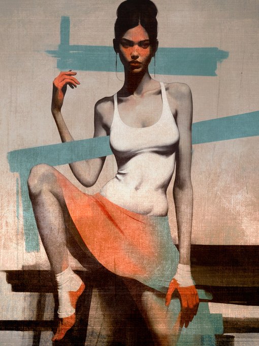 A stylized artistic illustration of a woman in a white tank top and orange/teal shorts, sitting with one hand raised, set against a textured background with blue brushstrokes.