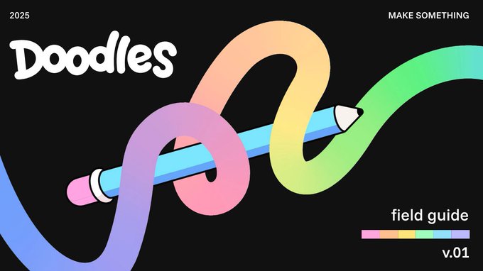 A vibrant graphic with the text 'Doodles 2025 MAKE SOMETHING' and a colorful, looping ribbon intertwined with a pencil, along with a 'field guide v.01' color palette label.