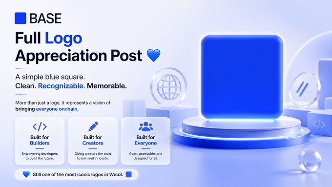The image features a blue square logo with a heart, placed on a white background. The text "Full Logo Appreciation Post" is written above the logo, indicating that this is an appreciation post for logos. The caption below the image reads "Who's Active? Full logo appreciation A simple blue square. Clean. Recognizable. Memorable. Built for builders. Built for creators. Built for everyone." This suggests that the post is about appreciating and recognizing logos created by others, as well as discussing how these logos can be used effectively in various contexts.