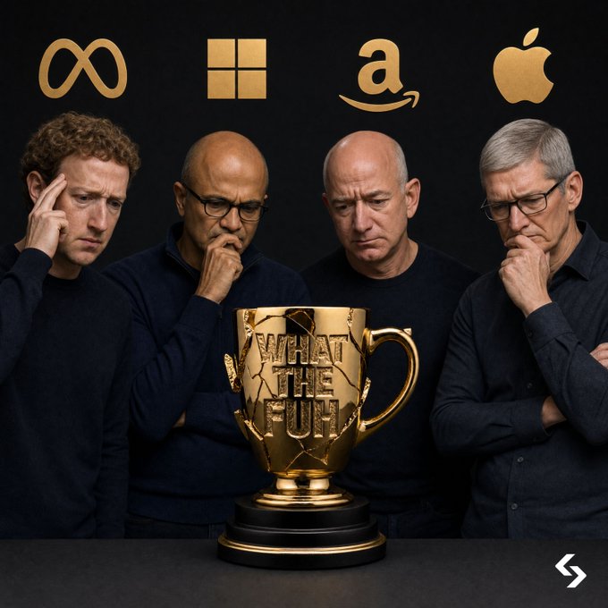 Four men, resembling prominent tech executives, stand with serious expressions behind a golden trophy engraved with "WHAT THE FUN" and the logos of Meta, Microsoft, Amazon, and Apple above them.