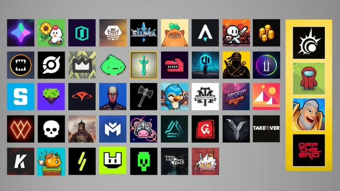A grid displaying various colorful NFT and gaming project logos, including recognizable icons like Axie Infinity, Sandbox, Star Atlas, and others, with a yellow sidebar containing three additional logos including a 'Star Atlas' emblem.