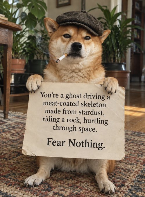 An AI-generated image of a Shiba Inu dog wearing a flat cap with a cigarette in its mouth, holding a paper sign reading: 'You're a ghost driving a meat-coated skeleton made from stardust, riding a rock, hurtling through space. Fear Nothing.'