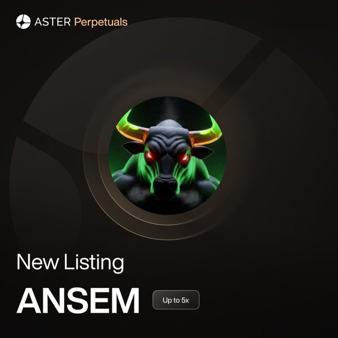 The image is a promotional graphic from Aster Perpetuals announcing a new listing for the $ANSEM token, featuring a fierce bull logo with glowing green and red accents, and notes that users can trade with up to 5x leverage. The design reinforces the post's message that $ANSEM is now live and tradable on the Aster platform with options to go long or short.
