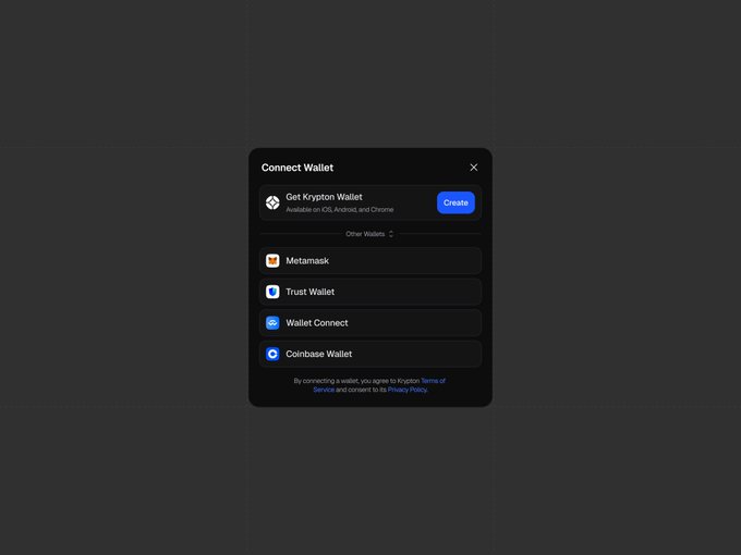 A "Connect Wallet" modal interface displaying options to "Get Krypton Wallet" (available on iOS, Android, and Chrome) alongside alternative wallets including Metamask, Trust Wallet, Wallet Connect, and Coinbase Wallet, with a footer disclaimer acknowledging By connecting a wallet, you agree to Krypton Terms of Service.