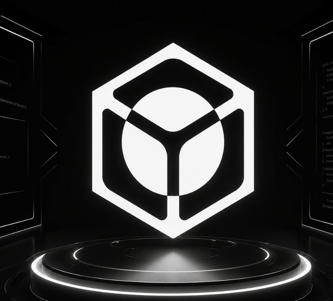 A glowing white hexagonal logo featuring a stylized "N" with a central circle hovers above a futuristic circular platform in a dark, tech-inspired setting, with faint code visible on side panels. The image visually represents Nucleus, aligning with the post's focus on its work to unify fragmented Web3 reputation signals.