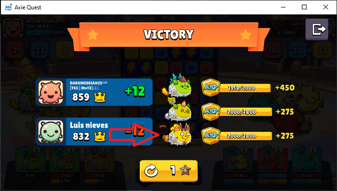 A screenshot of 'Axie Quest' game shows a 'VICTORY' screen with players 'DARMESSIAH23' and 'Luis nieves' and their score changes, including a red arrow pointing to '-12'.