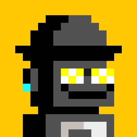 A pixel art character with yellow-and-white checkered sunglasses and a small cyan ear piece is set against a bright yellow background, showing only the upper torso and head in gray tones.