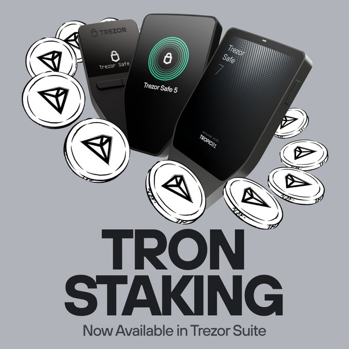 A promotional graphic showing Trezor hardware wallets alongside Tron (TRX) cryptocurrency coins, with the text "TRON STAKING Now Available in Trezor Suite".