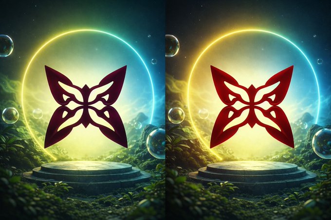 The image features two butterfly-shaped logos side by side against a dark background with neon lights. The butterflies have different colors - one red and one blue. The logos are positioned at opposite ends of the frame, creating an interesting visual contrast between them. The background is filled with bubbles, adding to the overall atmosphere of the scene.