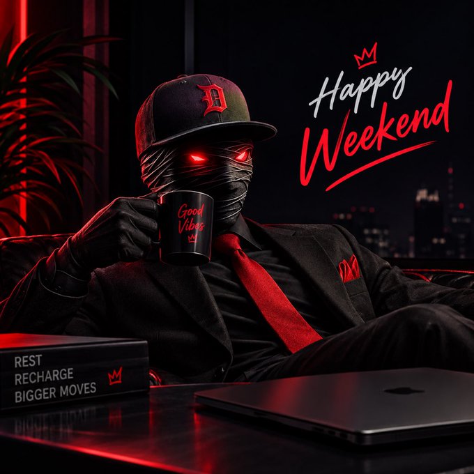 A stylized digital illustration of a mysterious figure with bandaged face and glowing red eyes wearing a black suit, red tie, and baseball cap, holding a 'Good Vibes' mug, with 'Happy Weekend' text and 'REST RECHARGE BIGGER MOVES' on a book.