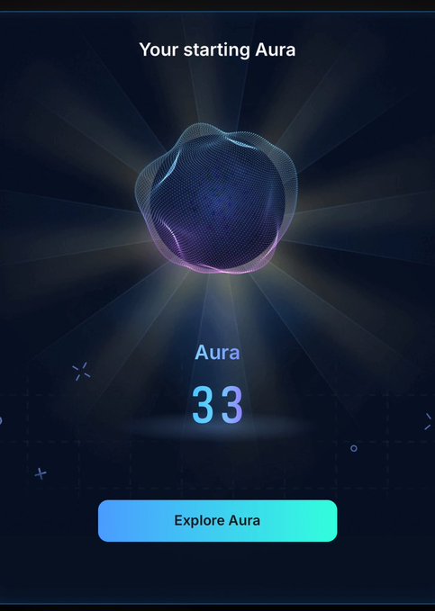 A mobile app screen displaying 'Your starting Aura' with a 3D wireframe aura orb and a score of 33, along with an 'Explore Aura' button.