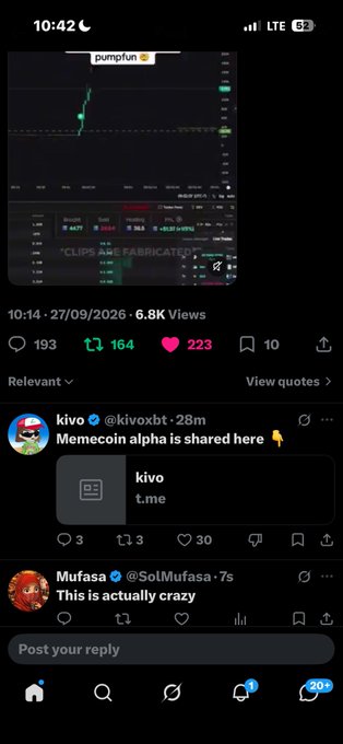 Twitter/X post showing a crypto chart from pumpfun on the 'CLIPS APE FABRICATE' token dated 27/09/2026 with 6.8K views, 193 replies, 164 retweets, and 223 likes, followed by replies from @kivoxbt sharing 'Memecoin alpha is shared here' and @SolMufasa.