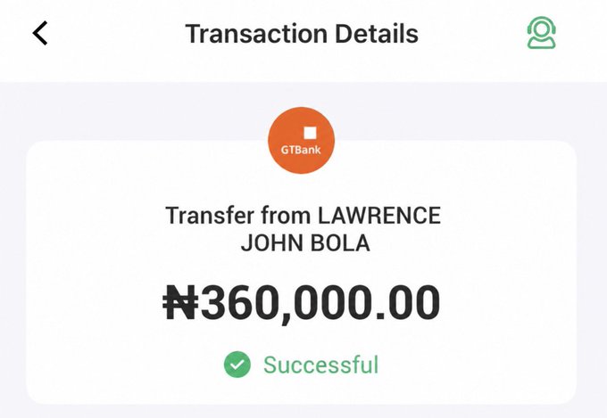 Screenshot of a GTBank transaction details screen showing a successful transfer of ₦360,000.00 from LAWRENCE JOHN BOLA.