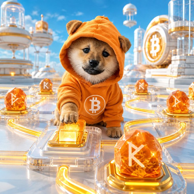 A Shiba Inu dog wearing an orange hoodie with a Bitcoin logo sits on glowing crystal platforms surrounded by amber crystal blocks labeled 'K' (for KAITO cryptocurrency) in a futuristic cityscape with a large Bitcoin emblem.