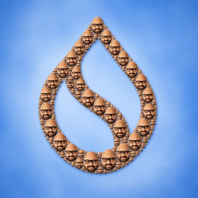A fractal teardrop composed of repeated portraits of a bald man with glasses forms a digital mosaic against a blue background, visually symbolizing the scalable, community-driven architecture behind Sui's ambitious public mainnet experiment targeting 1 million TPS.
