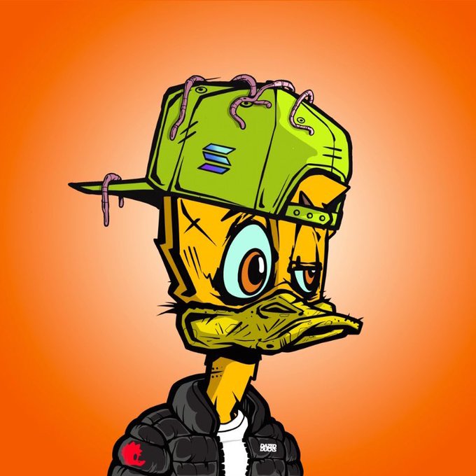 A cartoon duck with a scruffy beard, X-shaped eyes, and a green cap with worms crawling out of it, wearing a black puffer jacket featuring a small Apple logo and the number "8888" — likely a nod to the popular 8888 meme often associated with crypto communities. The quirky, slightly disheveled duck fits the playful "gm" (good morning) vibe of the post, inviting recognition from those in the know.