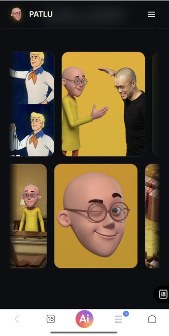 A mobile app screen for 'PATLU' showing AI-generated cartoon images featuring a bald character with glasses resembling Jeff Bezos alongside Fred from Scooby-Doo characters.