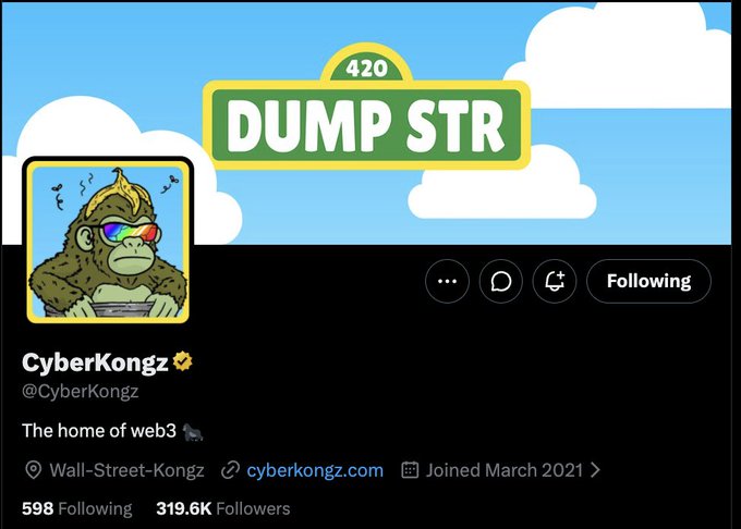 The image shows the Twitter/X profile of CyberKongz (@CyberKongz) with their signature 3D-shades gorilla avatar, banner reading "420 DUMP STR," and stats showing 319.6K followers, 598 following, joined March 2021. The profile serves as a visual reference for the post announcing the "DUMPSTR" alpha drop on Solana with 2,222 supply, highlighting CyberKongz as the OG team behind the project.