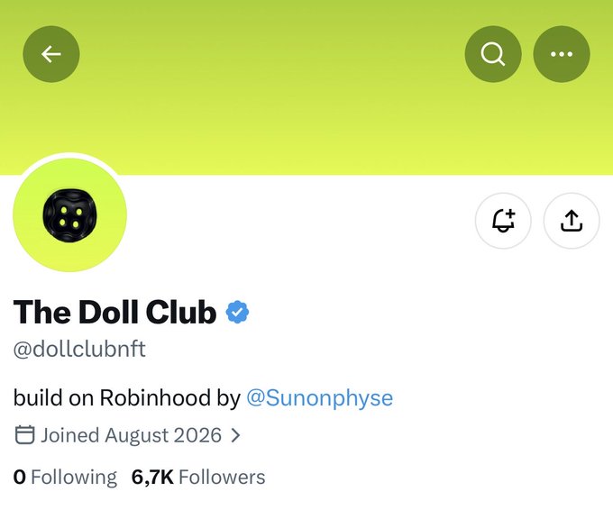 The image shows the Twitter/X profile of "The Doll Club" (@dollclubnft), a verified NFT project with 6,700 followers, built on Robinhood by @Sunonphyse. The profile page supports the post's promotion of a free mint opportunity for the OrdinalsHood collection, displaying the project's official branding and credentials to lend credibility to the announcement.