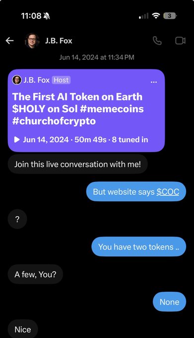 A Twitter/X DM conversation with J.B. Fox discussing '$HOLY on Sol' meme coin, with messages mentioning 'But website says $COC', 'You have two tokens..', 'None', and 'Nice'.