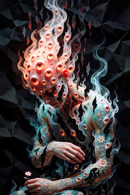 A dark, surreal digital artwork of a figure covered in eyes and floral patterns, with smoke-like flames rising from its head against a faceted dark background.