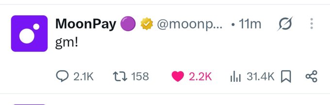 A tweet from MoonPay (@moonp...) simply says "gm!" and has garnered 2.1K replies, 158 retweets, 2.2K likes, and 31.4K views, illustrating the massive engagement CT shows when free money is distributed.
