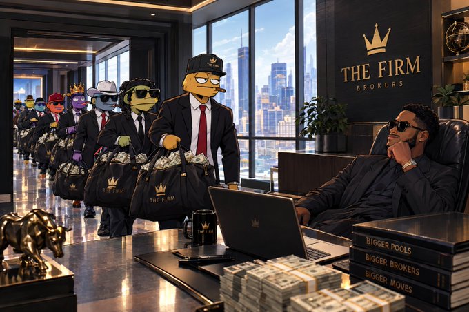 A line of anthropomorphic NFT broker characters dressed in suits and carrying "The Firm" branded bags of cash enter a luxurious penthouse office, where a suited man relaxes at a desk beside a laptop and stacks of money beneath books labeled "BIGGER POOLS, BIGGER BROKERS, BIGGER MOVES." The image visually represents the concept of buying and hiring Broker NFTs that generate passive hourly rewards, with the scene emphasizing the firm's branding and the lucrative returns investors can expect.