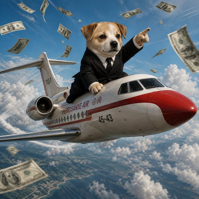 An AI-generated image of a puppy in a business suit sitting on top of an airplane, pointing as dollar bills fly around in a cloudy sky.