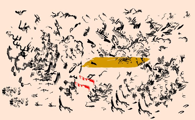 An abstract digital drawing featuring scattered black sketchy shapes and a central gold and red brushstroke element on a beige background.