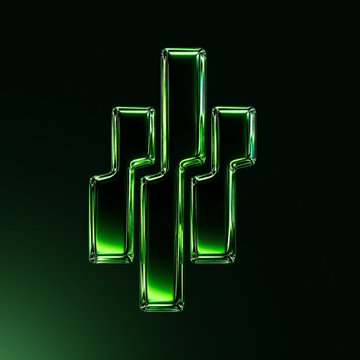 A 3D rendered image showing three glass-like tubes filled with glowing green liquid against a black background, with the central tube being the tallest.