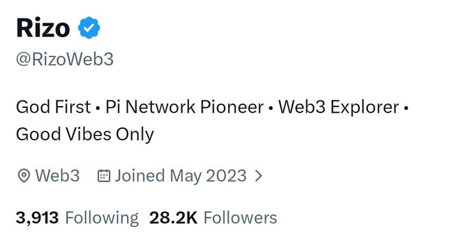 A Twitter/X profile for "Rizo" (@RizoWeb3) with a blue checkmark, bio reading "God First • Pi Network Pioneer • Web3 Explorer • Good Vibes Only", location Web3, joined May 2023, following 3,913 and 28.2K followers.