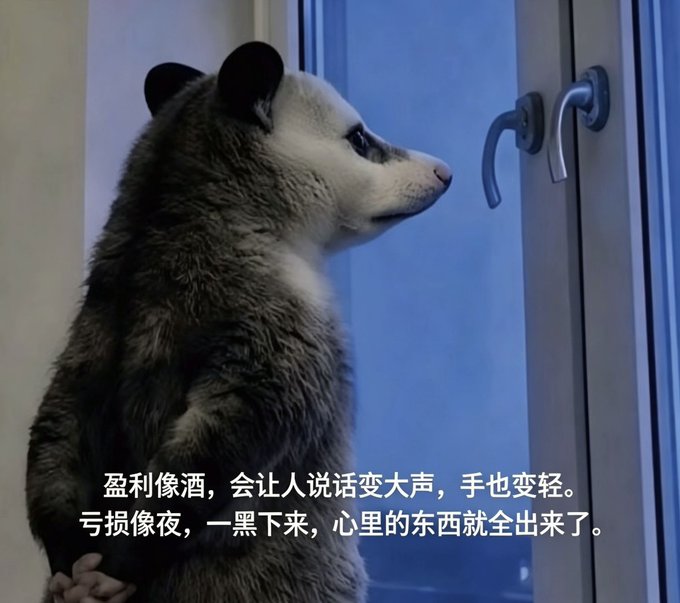 A raccoon looks out of a window at a metal door handle, with Chinese subtitles at the bottom discussing how wine makes people loud and night brings out inner feelings.