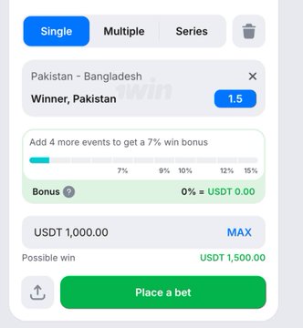 A sports betting interface showing a single bet on Pakistan vs Bangladesh with Pakistan as the winner at 1.5 odds, with a bet amount of USDT 1,000 and possible win of USDT 1,500.