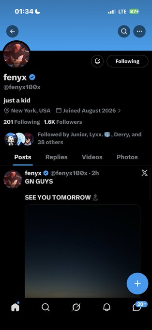A Twitter/X profile page for "fenyx" (@fenyx100x) showing "just a kid" as their bio, 1.6K followers, and a recent post saying "GN GUYS - SEE YOU TOMORROW."