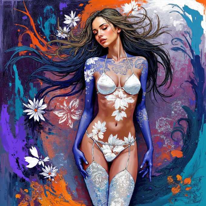 Stylized digital painting of a woman with flowing dark hair wearing white floral-patterned lingerie, set against an abstract colorful background with white flowers.