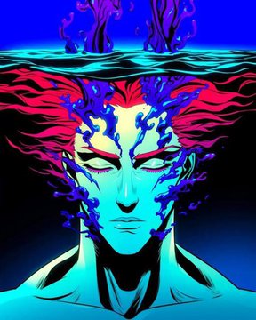 A stylized digital illustration of a figure with pink flowing hair emerging from water, featuring a face with blue flame-like markings and glowing eyes against a dark background.