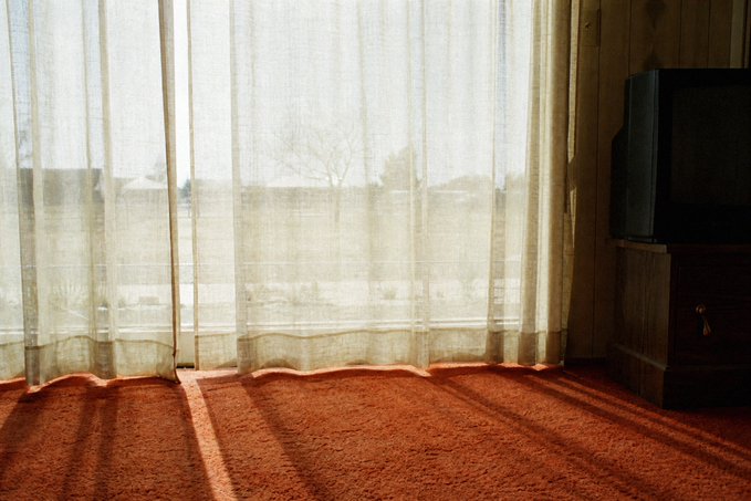 Sunlight filters through sheer curtains onto an orange carpet in a room with a wooden cabinet holding a television and a potted plant beside a large window.