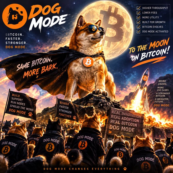 Promotional 'Dog Mode' artwork featuring a Shiba Inu as a Bitcoin superhero with cape and sunglasses, leading an army of dogs wearing 'Dog Mode Bitcoin' shirts, with slogans like 'To the Moon on Bitcoin!' and 'Same Bitcoin. More Bark.'