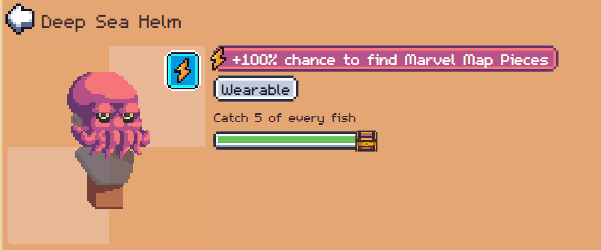 A screenshot from Sunflower Land shows the "Deep Sea Helm" achievement, featuring a pink octopus-wearing-diver pixel character and a progress bar for catching 5 fish, with a +100% chance to find Marvel Map Pieces listed as a reward.