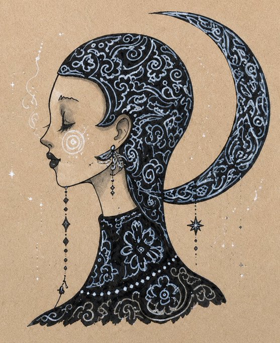 An artistic illustration depicts a woman in profile with intricate black and white floral patterns forming her hair, accompanied by a crescent moon and dangling star and diamond charms on a tan background.