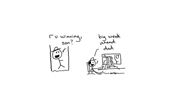 The image features a cartoon drawing of two people, one sitting at a desk with a computer monitor while another person is standing next to them. The cartoon caption reads "big week ahead dad", which seems to be a reference to the current situation where someone might be working from home due to the COVID-19 pandemic.

The post also includes an image of a man wearing a hat and glasses, with the caption "just woke up bullish on @base". This could possibly be related to the cartoon drawing or the post in general, but it is not clear how these elements are connected.