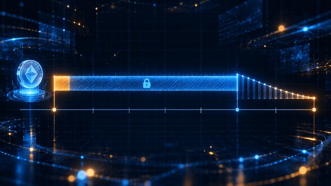 An abstract digital illustration with a futuristic blue background, showing a glowing chart line with a locked progress bar and an Ethereum (ETH) logo on a pedestal.