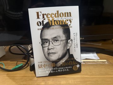 A paperback book titled 'Freedom of Money' featuring a portrait of a man wearing glasses, displayed on a wooden surface next to some cables and paper currency.