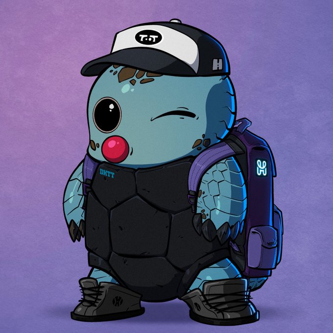 A digital illustration of a blue, turtle-like cartoon character wearing a black 'T.T' cap, a black armored vest, boots, and a backpack, set against a purple background.