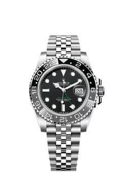 A product image of a Rolex GMT-Master II style watch with a black dial, 24-hour bezel, and stainless steel bracelet.