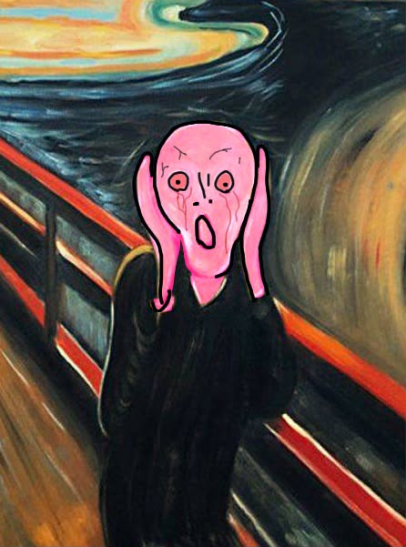A pink-headed, screaming figure clutches its face in horror on a bridge against a swirling orange and dark sky. The image parodies Edvard Munch's "The Scream," perfectly capturing the panic of an investor watching Jim Cramer hype Bitcoin right as their portfolio rallies.