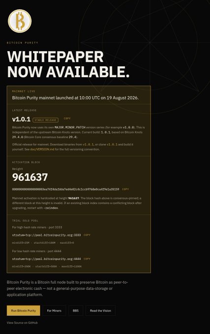 A webpage or document titled 'BITCOIN PURITY' reveals that a 'WHITEPAPER' has been delayed from its October 1 31 release date, pushing the new release date to October 6 and showcasing a current blockchain height of 961637.