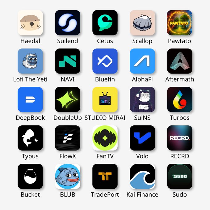 A grid displays 25 app icons with labels including Haedal, Suilend, Cetus, Scallop, Pawtato, NAVI, Bluefin, AlphaFi, Aftermath, DeepBook, FanTV, and Kai Finance.