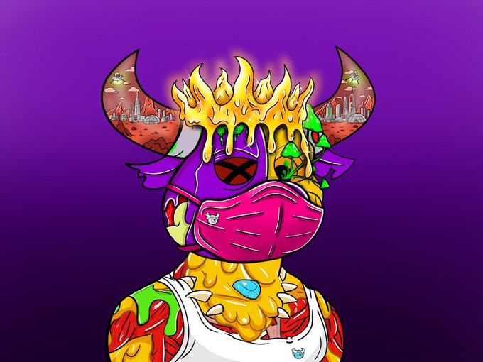 The image showcases a vibrant, stylized NFT-style character known as "Mutant BullBear," featuring a horned creature with a crown of yellow flames, a pink face mask with a small bear logo, and a messy body covered in colorful drips and slime against a purple gradient background. The horn interiors depict alien-like landscapes, adding to the mutant theme that aligns with the post asking about favorite Mutant BullBear NFT collectibles.