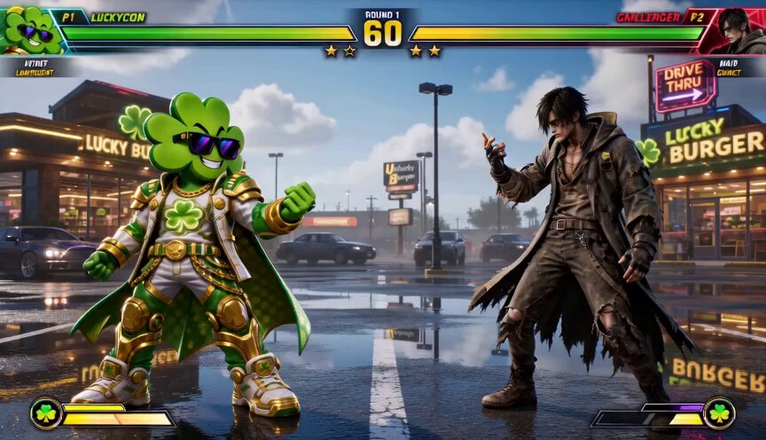 In the image, there are two characters dressed up as shamrocks (green ponchos) standing next to each other with their arms raised high. They appear to be engaged in a fight or duel against another character who is wearing a suit and tie. The background of the image features various buildings and cars, suggesting that they might be in an urban setting. The post also includes text about luck being a superpower, which could be interpreted as a reference to the characters' outfits and their actions within the game.